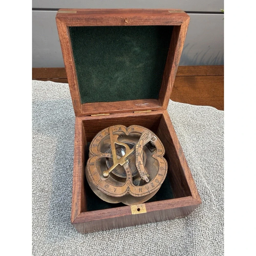 Large Antique Nautical Brass Copper Sundial Compass W/ Rosewood Inlay Box